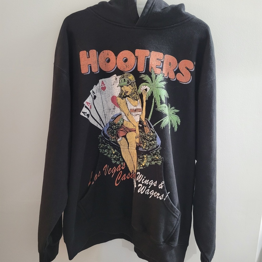 Y2K Hooters Wings And Wagers Las Vegas Hoodie Size XL Black Hooded Made In USA